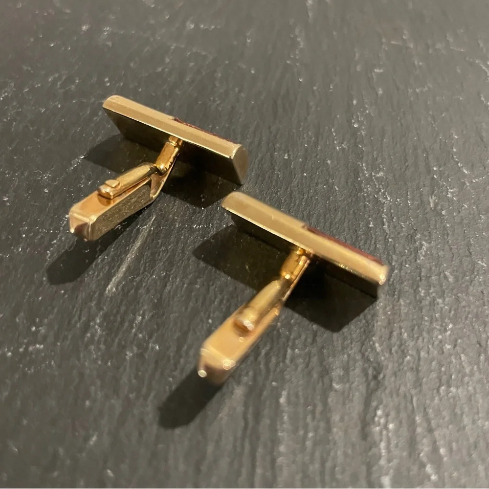 Vintage SWANK Gold Tone Cufflinks Brown Leather Inset